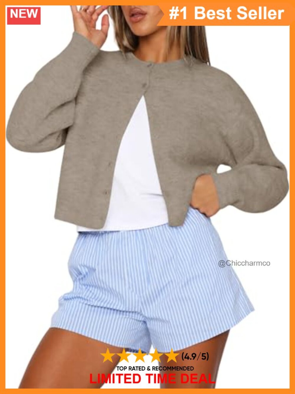 Cropped Crew Neck Button Up Knit Cardigan Long Sleeve Lightweight Sweater